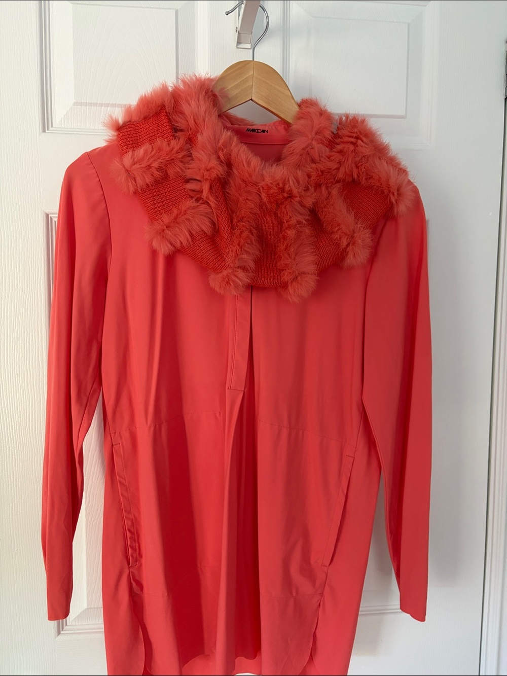 Marc Cain Coral blouse with circular fur scarf